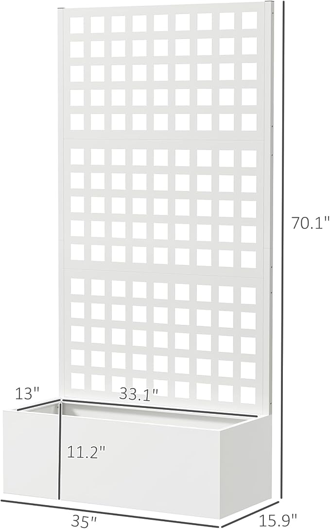 Outsunny Galvanized Raised Garden Bed with Trellis, Metal Planter Box with Drainage Holes, Outdoor Privacy Screen for Climbing Plants, Vegetable, Vines, 35" x 16" x 70", White