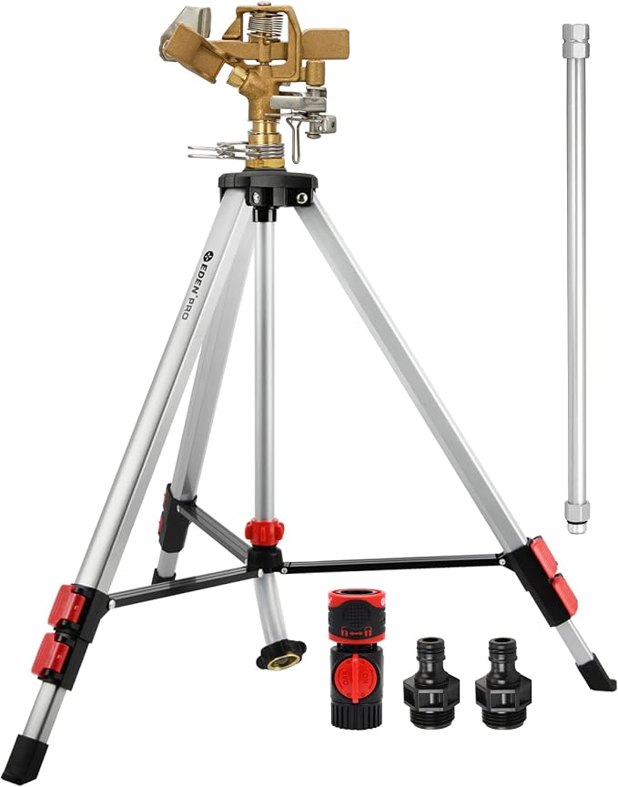 Eden 94157 PRO The Heaviest Weight Tripod (5.37 lbs) Metal Telescoping Tripod Brass Impulse Sprinkler with Premium Quick Connect Starter Set, Watering up to 6,360 Sq. Ft