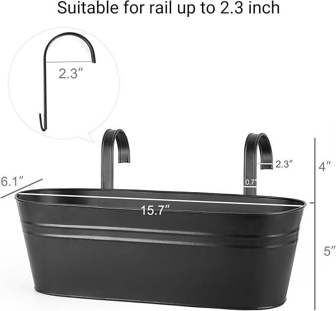 Dahey 15.7 and 4 Inch Metal Iron Hanging Flower Pots for Railing Fence Hanging Bucket Pots Countryside Style Window Flower Plant Holder with Detachable Hooks for Garden Yard Home Decor