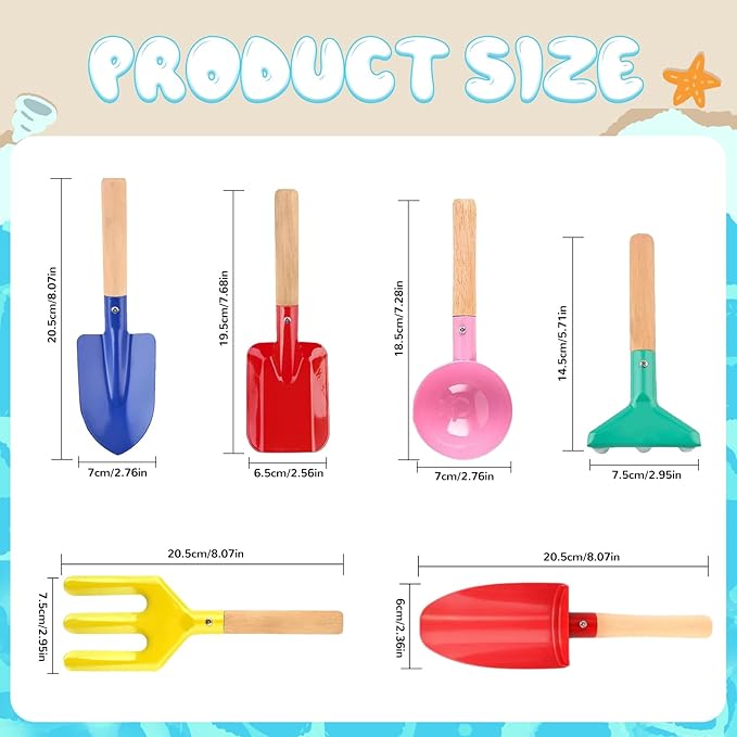 8'' Kids Gardening Set, 6 Pcs Beach Toys, Kids Metal Sand Toys Sandbox Toys, Children Sand Toys Gardening Set with Sturdy Wooden Handle, Beach Shovels for Kid Ages 3-8
