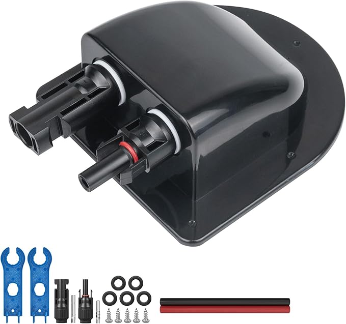 Solar Cable Entry Gland with 10Awg Copper Solar Cable and Solar Connector UV Resistance Dual Cable Entry Housing for Solar RV Boats Yacht Roofs (Black 0.3FT)