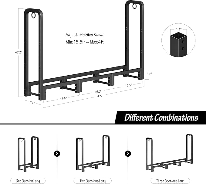 SunyesYoon Firewood Rack Outdoor 4ft with Waterproof Cover - Heavy Duty Log Racks Indoor Holder, Upgraded Adjustable Fire Wood Racks, Storage Organizer Stand Tool for Fireplace, Black