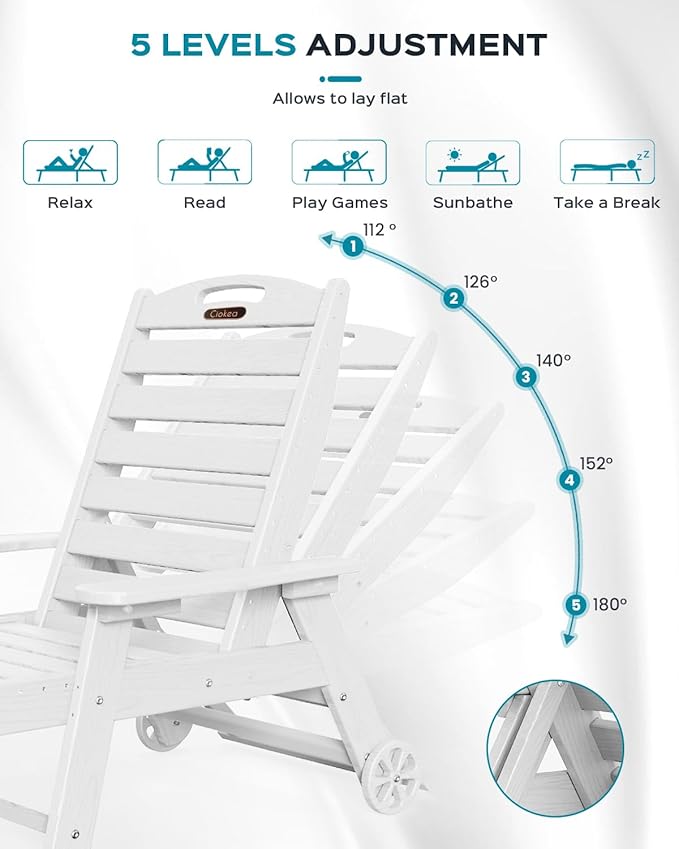 Outdoor Lounge Chair Set of 4, All Weather Patio Chaise Lounge Chairs for Outside, HDPE Chair with Rolling Wheels & Cup Holder, 5 Position, Deck, Pool, White