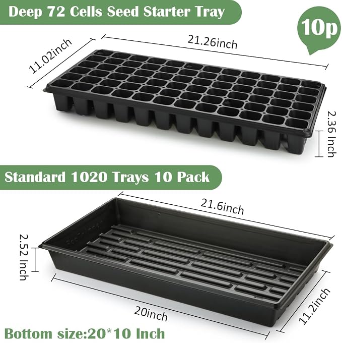 RooTrimmer 10 Pack 1020 Trays No Holes and 10 Pack 72 Cell Seed Starter Tray, 20" x 10" - Heavy Duty Reusable Plastic Seed Starter Kit for Microgreens, Seed Germination & Plant Propagation (10 Sets)