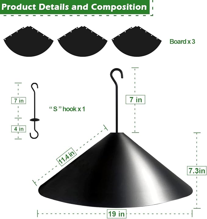 19 Inch PP Squirrel Proof Baffle for Protecting Outside Pole Bird Feeders and Bird Houses, Hang Mount Raccoon and Squirrel Guard Stopper for Shepherd Hooks - Black, 1 Pack