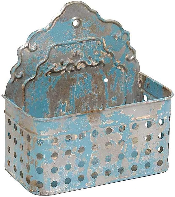 Antique Blue Wall Planter Hanging Metal Bucket Container Organizer for Flowers Succulent Air Decorative Plants Tools Distressed Indoor or Outdoor 9 x 8.5