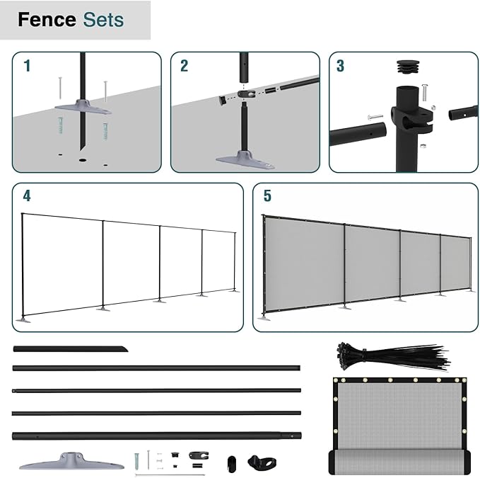 ECOOPTS 6'Hx27'L Privacy Fence Set with Poles and Rails Ground Spikes Fence Kit for Patio Garden Pool Yard (Light Gray)