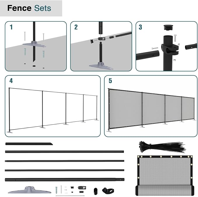 ECOOPTS 6'Hx124'L Privacy Fence Set with Poles and Rails Ground Spikes Fence Kit for Patio Garden Pool Yard (Light Gray)
