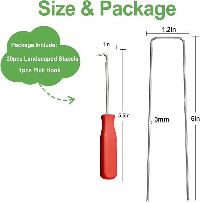 Landscape Staples 6 Inch 20Pcs Garden Stakes, Galvanized Lawn Pins Spray Coating Yard Ground Spikes, U-Type Staples for Weed Barrier Anchoring Outdoor Tents Hoses