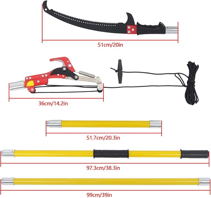 27FT Extendable Pole Saw, Manual Branch Trimmer with Long Handle, Manuals Tree Pruning Saws Band Scissors, 8 Knots Yellow