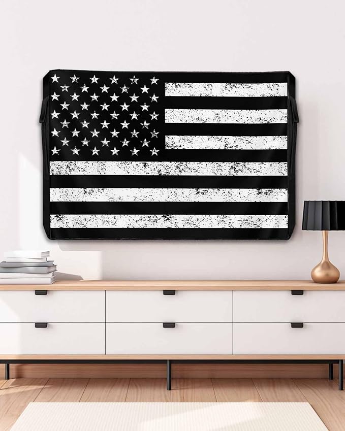 Black American Flag Outdoor TV Cover - 40-43 Inch Weatherproof, Black White Star Striped TV Enclosure with Zipper & Roll Up Front Flap