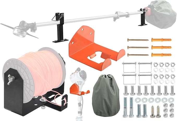 Mower Trimmer Utility Kit, Heavy Duty Weed Eater Rack, Weed Wacker Trimmer Line Holder (Adjust Width 4.5"-8.6"), Trimmer Tool Holder Organizer Hangers W/Hardware, and 3-Pcs Waterproof Trimmer Cover