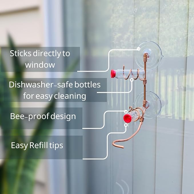 Window Hummingbird Feeder | Handcrafted Copper and Aluminum | Multiple Stations | Modern Hummingbird Feeder | Home Décor | Glass Bottles | Suction Cups (Copper, Two Station)