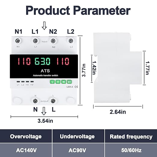 63A 110V Automatic/Manual Transfer Switch, DIN Rail Mount 110V for Generator Backup Power & Gas Furnace, 50/60Hz, LED Display, CE Certified