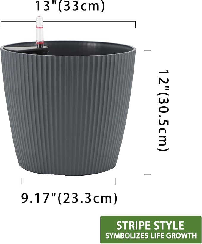 Dexceder 13x12 Self Watering Planters Indoor (2 Pack, Gray) | Inner Mat Design, Floor Standing Flower Plant Pot with Water Level Indicator