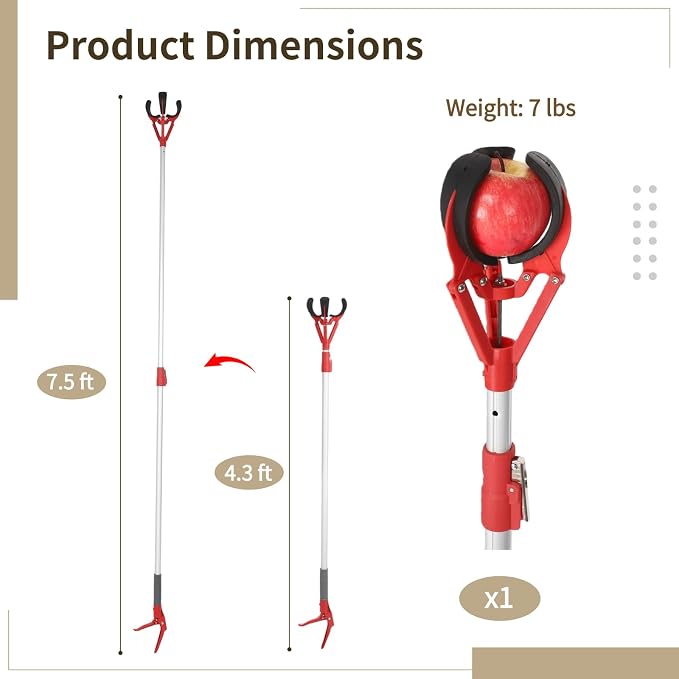 Fruit Picker Pole with Basket Telescoping, 4.3 to 7.5 ft Adjustable Apple Picker Pole, Aluminum Lightweight picker Tool with 3-Claw Design, Safe Picking without Climbing, Great for Orchards, Farms