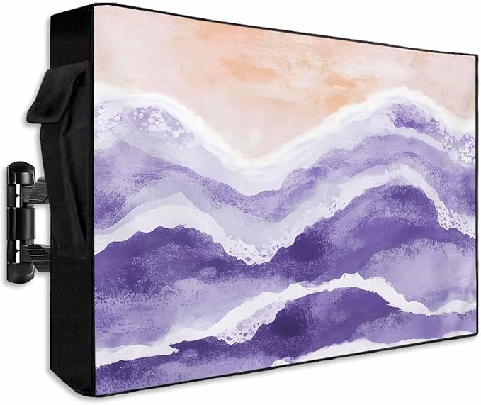Outdoor TV Cover for Outside Flat Screen,Boho Purple Ombre Sea Wave 600D Thick Waterproof Weatherproof Outdoor TV Screen Protector with Zipper for 30 to 32 Inch Flat Screens Ocean Beach Coastal Scene