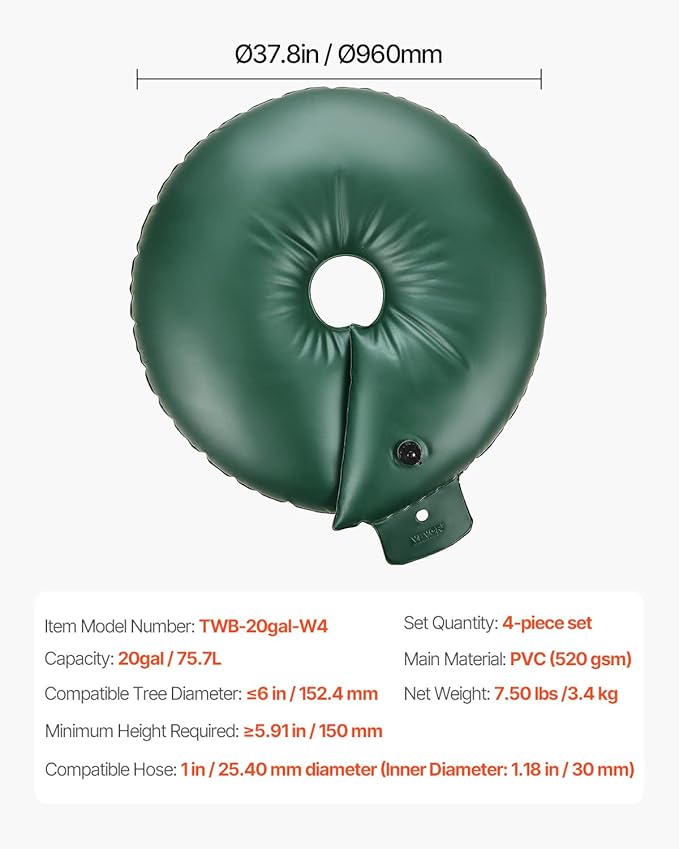 VEVOR Tree Watering Bag Slow Release, 4 Pack 20 Gallons Tree Watering Bags/Ring, Reusable Refillable Tree Irrigation Ring Water Bags, Heavy Duty Watering System for Shrub Tree Root Drip Irrigation