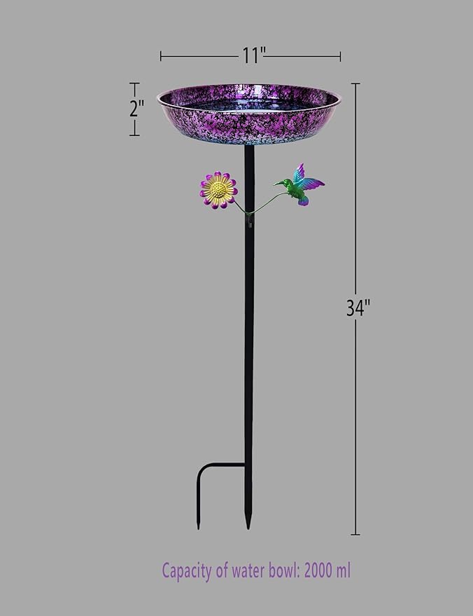 Bird Bath for Outside, 11 Inch Colorful Purple&Blue Metal Birdbath Bowl Decorated Hummingbird Flower Freestanding Garden Bird Bath Feeder Outdoor Decor Yard Art
