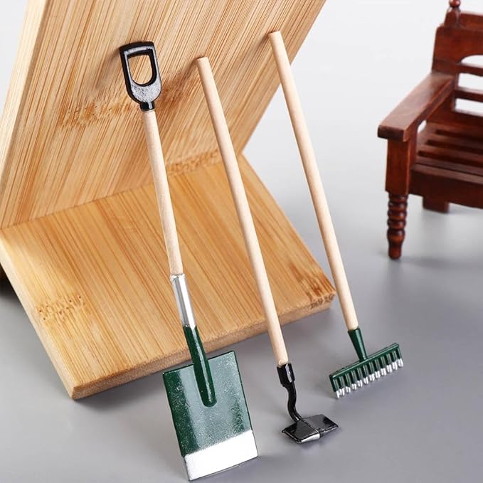 Miniature Dollhouse Garden Tools 3PCS Mini Doll House Working Accessories, 1:12 Scale Dollhouse Miniature Shovel Hoe and Pitchfork