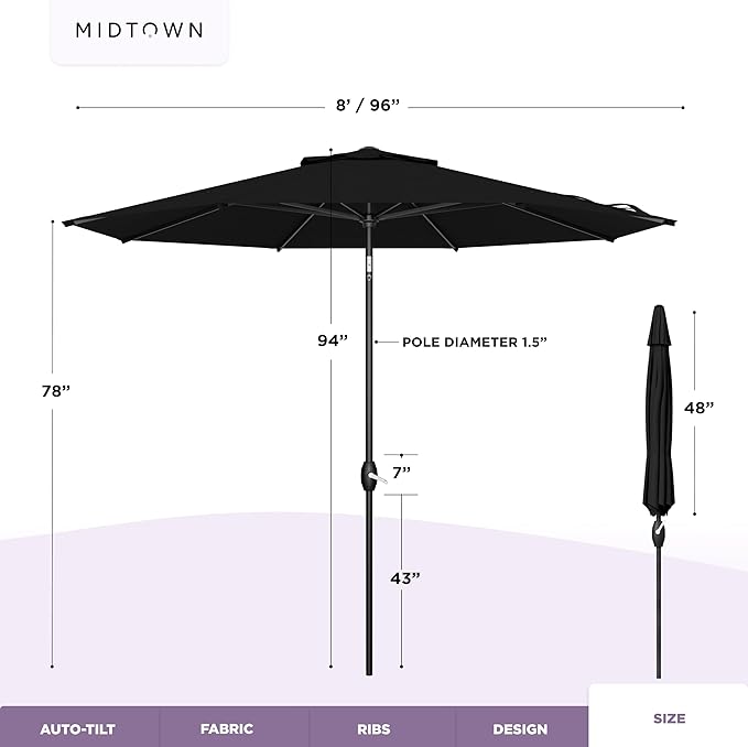 Midtown Umbrellas - 10-Year-No-Fade 8 Ft Patio Umbrella with Terylast Fabric, Auto-Tilt Aluminum Frame and 8 Reinforced Ribs for Deck, Pool, Garden & Beach - Ebony Black Canopy, Black Pole