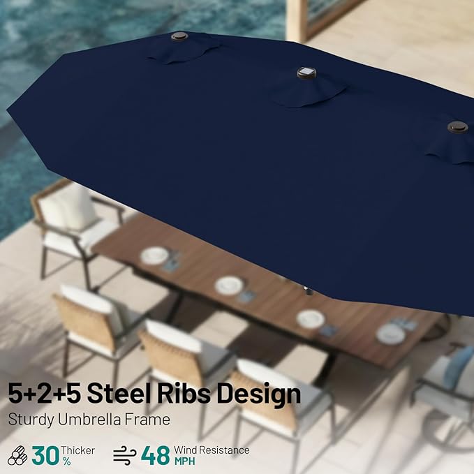 AreShark 13 FT Patio Umbrella with Solar Lights, Double-Sided Outdoor Table Umbrellas with Crank, Large Rectangular Market Umbrella for Porch, Lawn, Pool, Backyard, Navy