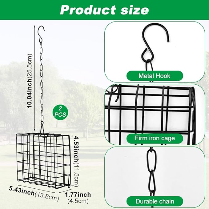 Metal Suet Bird Feeder 2-Pack - Wire Mesh Cage for Suet Blocks, Fruit & Seeds - Rust Resistant Outdoor Hanging Feeder for Woodpeckers, Chickadees & Wild Birds