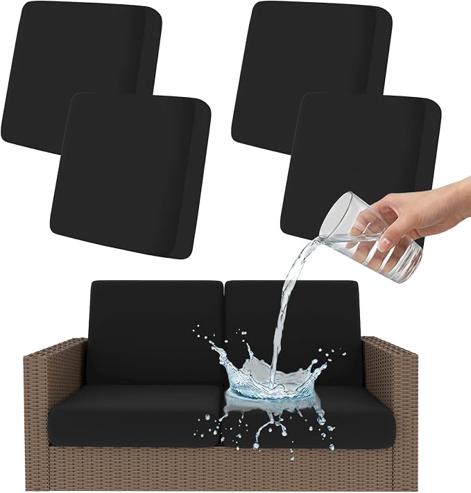 Smiry Waterproof Patio Cushion Covers, Stretch Outdoor Couch Slipcovers Replacement Washable Furniture Protector Sofa Chair Seat Cover for Dogs and Pets (4 Pcs, Black)