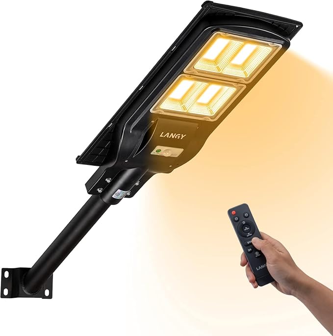 LANGY 3000k Warm White Solar Street Lights Outdoor,Commercial Parking Lot Lights Yellow 180 LEDs Chips Light with Motion Sensor & Dusk to Dawn IP67 with Remote Control for Barn, Yard, Pathway