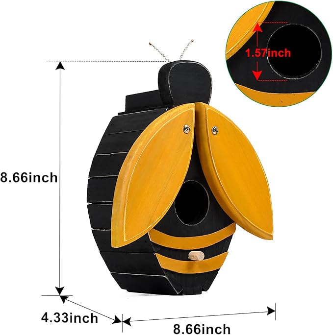 NATUREYLWL Bird Houses for Outside, Bee-Shaped Birdhouse Attracts Wild Birds (Bluebirds, Finches, Cardinals), Durable Wood Bird House with 4 cm Entrance Hole,Unique Garden Decor,Weather-Resistant