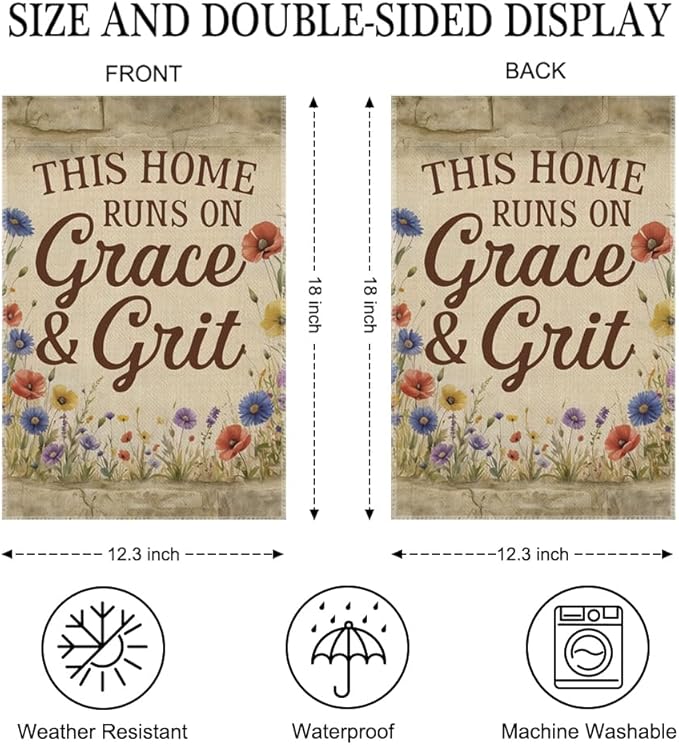 This Home Runs On Grace and Grit Garden Flag Double Sided Yard Outdoor Decoration 12x18 Inch, Vintage Floral Yard Decoration Garden Flag, Christian Home Banner, New Home Housewarming Gifts