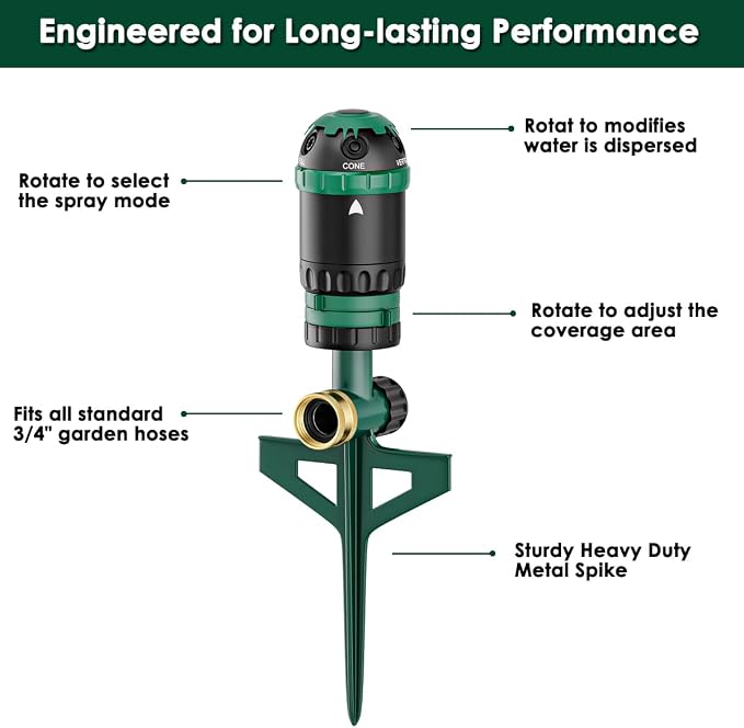 FANHAO Heavy Duty Gear Drive Sprinkler with Metal Spike Base, 5-Pattern Adjustable Sprinkler Irrigation System, 360 Degree Rotating Water Sprinkler for Large Area Yard, Garden Plant