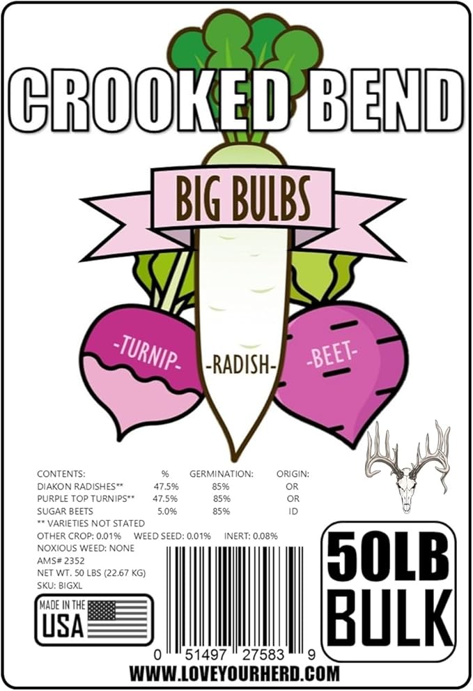 Crooked Bend, Big Bulbs, 50 LBS, Bulk Fall Food Plot Seed Mix for Whitetail Deer & Wild Turkey, No Till & No Plow, Throw & Grow Radish, Turnip & Sugar Beet Seeds