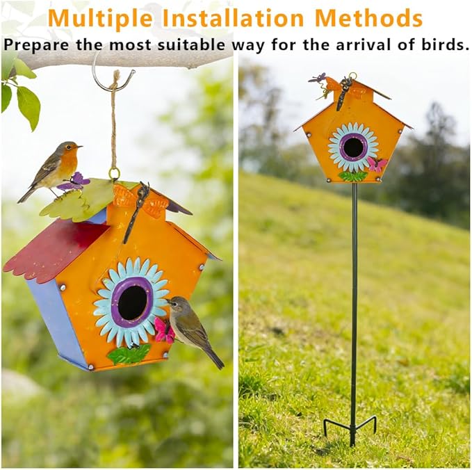 DREAMSOUL 37" Bird Houses for Outside, Hanging Bird House with 3D Design Metal Birdhouse Pole for Patio Yard Garden