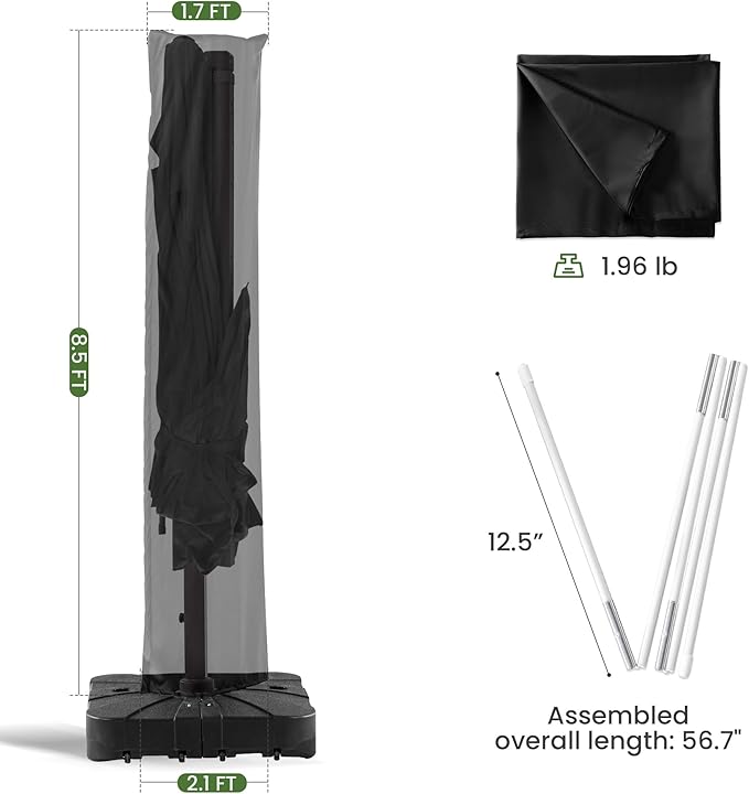 Patio Umbrella Cover Waterproof UV Resistant Outdoor Cantilever Umbrella Covers with Zipper and Rod, Black