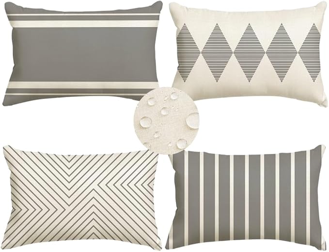 RABUSOFA Outdoor Pillows Covers 12x20 inch Waterproof,Grey and Beige Boho Lumbar Throw Cushion Case Set of 4 for Patio Furniture for Couch Sunbrella(Grey and Beige, 20" x 12" (Pack of 4))