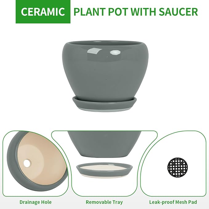 Deep Dream 10 Inch Plant Pot- Ceramic Planter Pot Round Plant Pots for Indoor Plants Outdoor Large Flower Pot with Drainage Holes & Trays, Grey