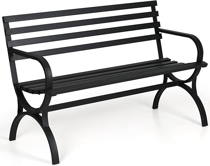 Sophia & William Outdoor Garden Bench Patio Park Bench, Metal Frame Furniture with Backrest and Armrests for Porch Yard Lawn Deck, Black