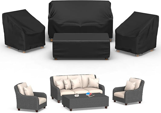 Mrrihand Patio Furniture Covers, 4 Piece Outdoor Furniture Cover Waterproof includ Ourdoor Sofa Cover, 2 Chair Covers, Coffee Table Cover with Windproof Buckle Strap and Adjustable Drawstring-Black