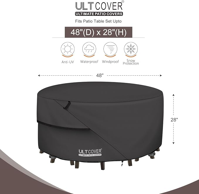 ULTCOVER Round Patio Furniture Cover - Outdoor Waterproof Table with Chair Set Cover 48 inch, Black