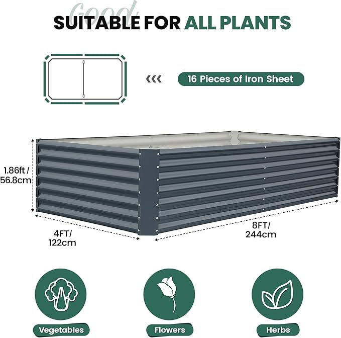 G GOOD GAIN 8x4x2 ft Galvanized Raised Garden Bed Kit, Large Metal Planter Box Outdoor for Vegetables, Flowers, Herbs, 478 Gallon Capacity Deep Root Design, Grey