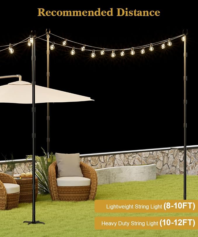 10Ft String Light Poles for Grass & Soil, Outdoor Light Stand with 5-Prong Fork Base, Heavy-Duty Metal Poles for Backyard, Garden & Patio Party Lighting, Rustproof & Adjustable