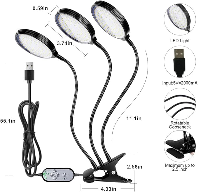 Grow Light 45W Sunlike Full Spectrum LED Plant Grow Lights with Timer Auto On/Off 4/8/12H Waterproof Grow Lamp for Indoor Plants, 5 Dimmable Levels, Adjustable Gooseneck