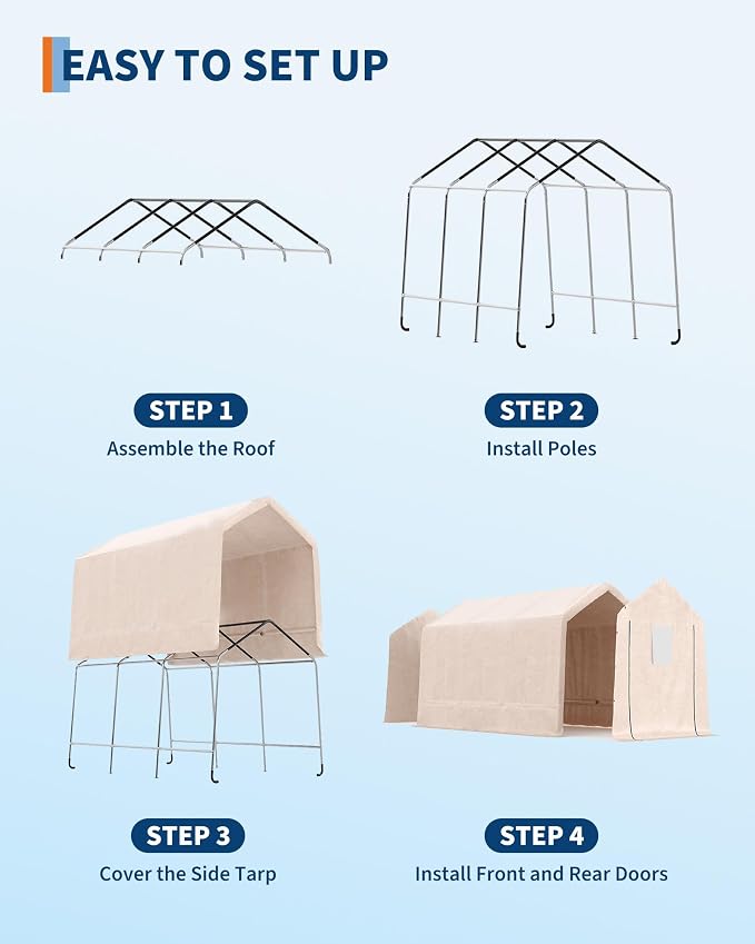 GarveeLife Outdoor Portable Storage Shed with Roll-Up Door & Vent, 240G Heavy-Duty Shelter Waterproof PE Tarp, UV-Resistant Storage Sheds for Motorcycle, Firewood, Garden and Tools (Khaki, 10'x15')