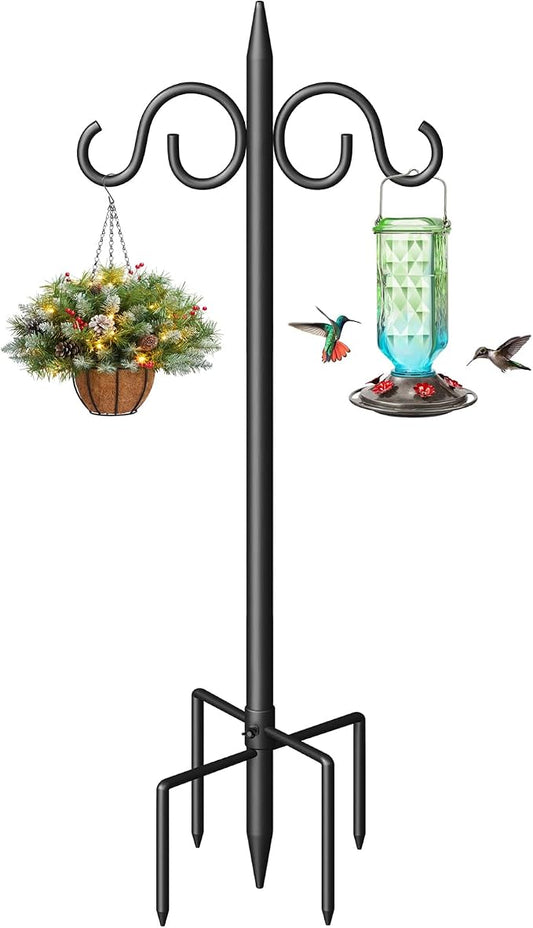 Double Shepherds Hooks for Outdoor, 92 Inch Heavy Duty Bird Feeder Pole with 5 Prongs Base, Adjustable Shepherds Hook for Bird Feeder, Garden, Weddings, Hanging Plant, 1 Pack