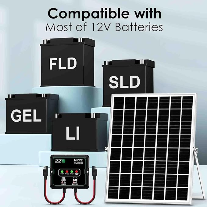 Solar Powered Battery Charger Trickle Maintainer, 20W 12V Solar Panel Kits MPPT Charge Controller with 8 Protections Function IP68 Waterproof for RV Trailer Marine Car Motorcycle (1, Black)