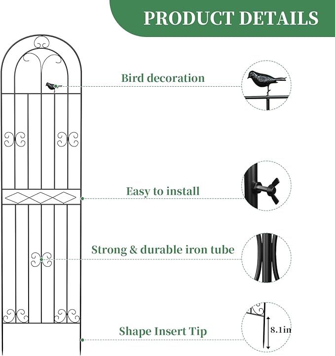 2 Pack 78.7" x 19.6" Iron Arch Decoration Garden Trellis, Metal Climbing Plant Trellis for Heavy Vines, Roses, Flowers, and Vegetables, Perfect for Gardens, Lawns.