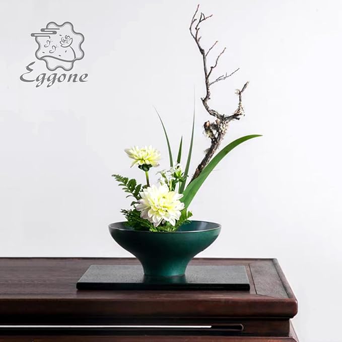 Japanese Ikebana Kit Floral Frog Japanese Flower Arranging Supplies Flower Container with Needle Straightening Tool & Kenzan - 2.4inch Flower Frog, Bowl Vase (Green Peacock)