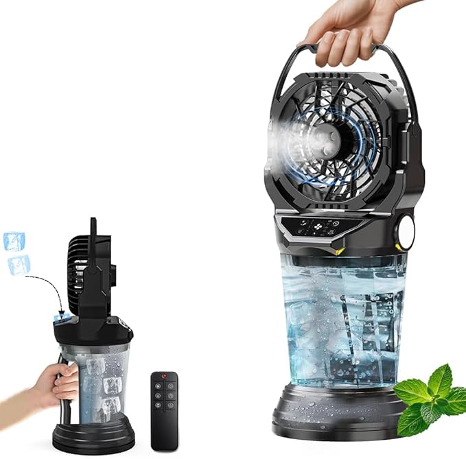 2026 New Portable Misting Fan with 30000mAh Rechargeable Battery, 120° Auto Oscillating Battery Powered Fan, 4 Speeds Spray Fan with LED ambient light for Camping, Patio, Outdoor, Travel (Black)