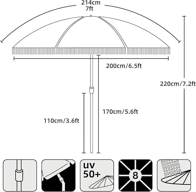 AMMSUN 7ft Patio Umbrella with Fringe Outdoor Tassel Umbrella UPF50+ Wood Color Steel Pole and Steel Ribs Push Button Tilt, Navy Stripe